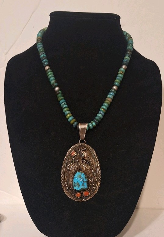 Huge OLD Navajo Turquoise Bead Necklace Sterling Silver Pendant Wayne Ettsitty Huge OLD Navajo Turquoise Bead Necklace Sterling Silver Pendant Wayne Ettsitty