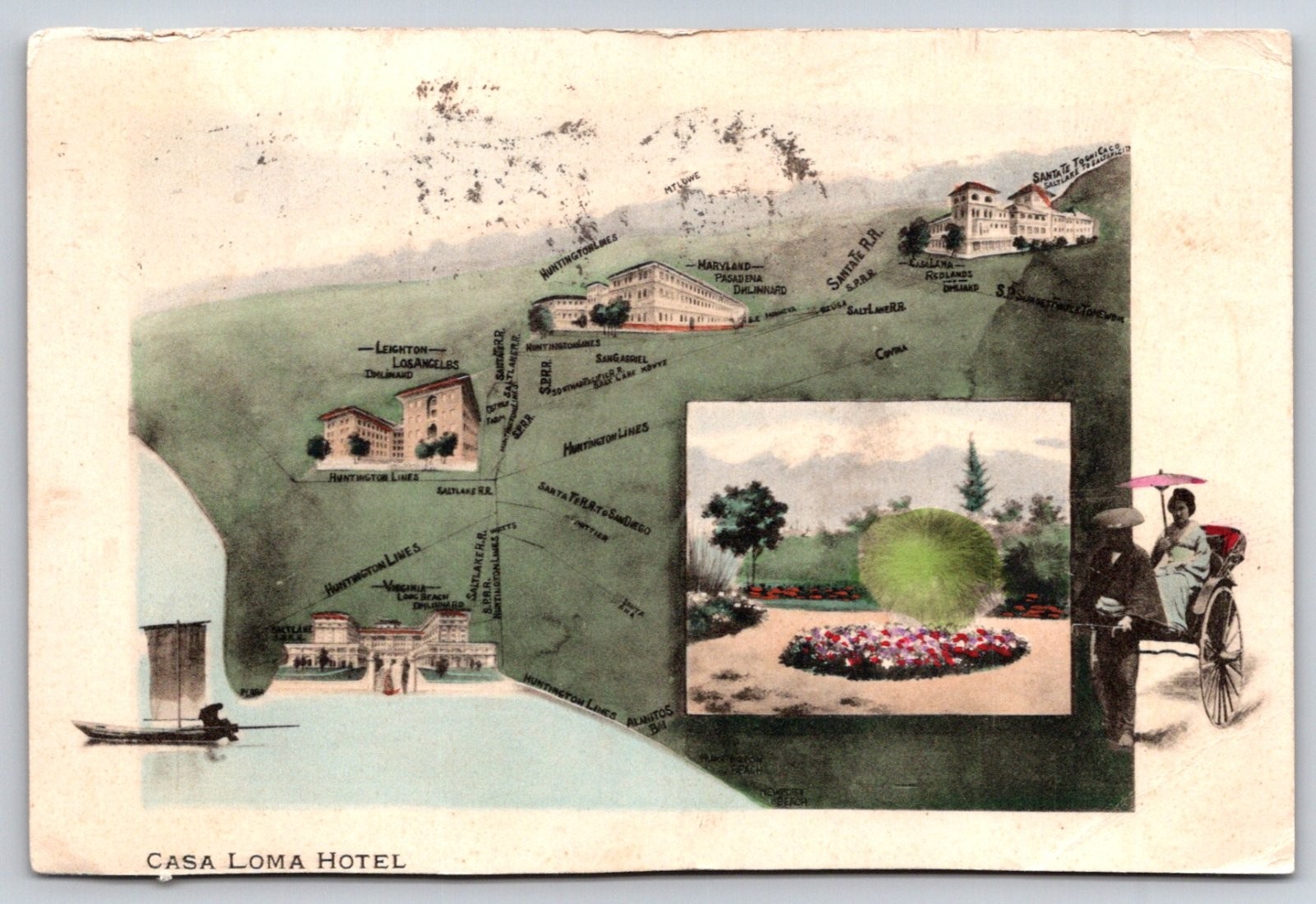 Redlands California Casa Loma Hotel Map & Rickshaw View Postcard 1908 Posted