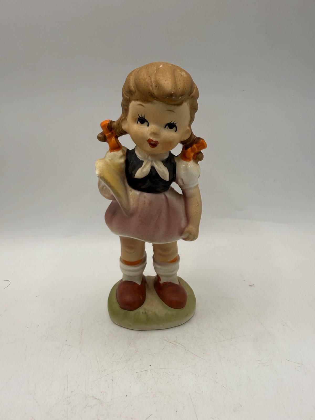 Vintage Made in Japan Porcelain Schoolgirl Figurine Pigtails Book 5.5” * Vintage Made in Japan Porcelain Schoolgirl Figurine Pigtails Book 5.5” *