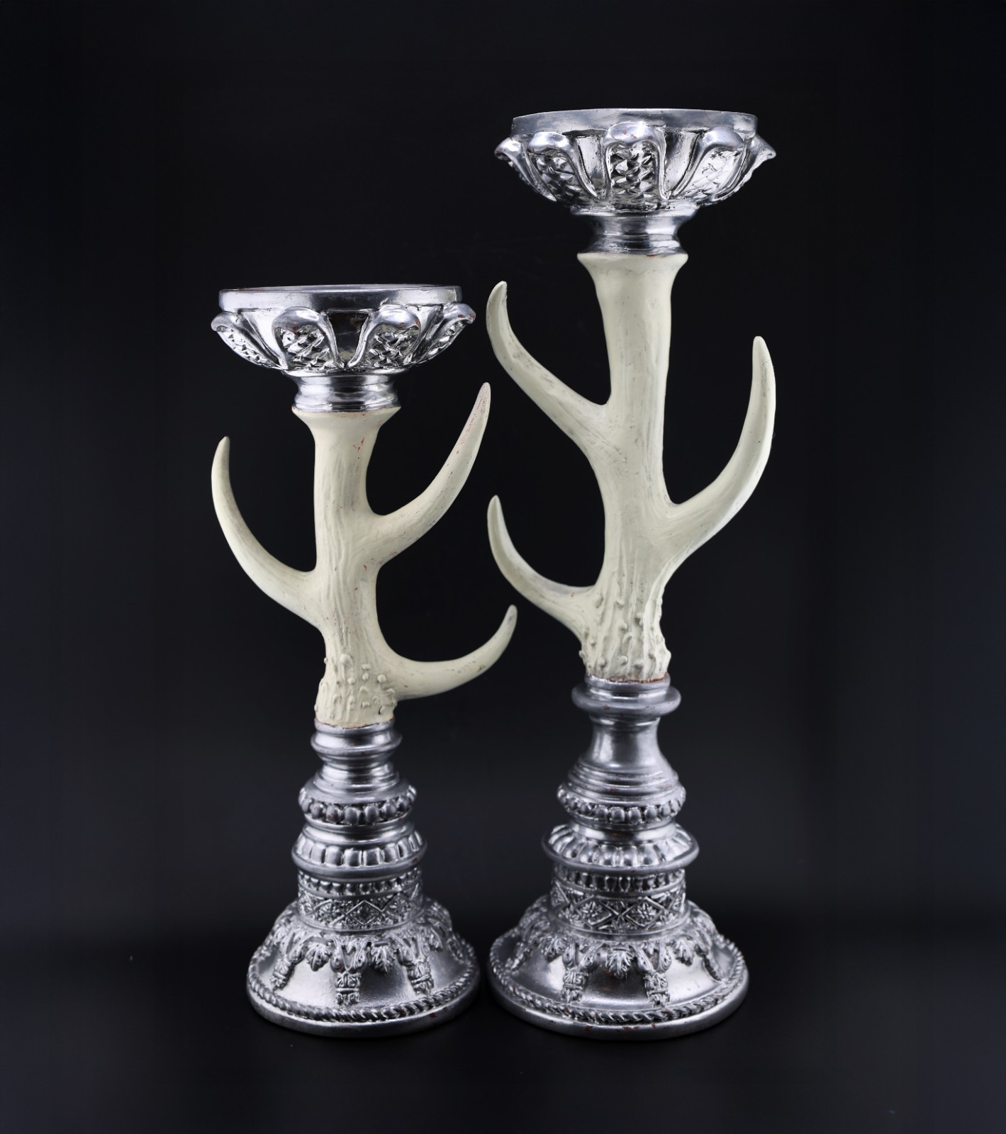 Vintage Antler Candle Holders Pair Ornate Silver Tone Gothic Lodge Decor Vintage Antler Candle Holders Pair Ornate Silver Tone Gothic Lodge Decor