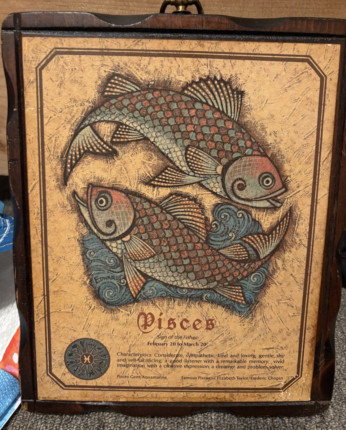 Vintage 1960’s Jerry Scultz Pine Wood Pisces Astrological Sign Plaque Read Descr
