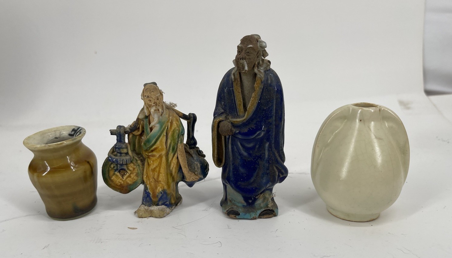 Vintage Chinese Glazed Pottery Figures & Small Vases Asian Art Lot of 4 Vintage Chinese Glazed Pottery Figures & Small Vases Asian Art Lot of 4