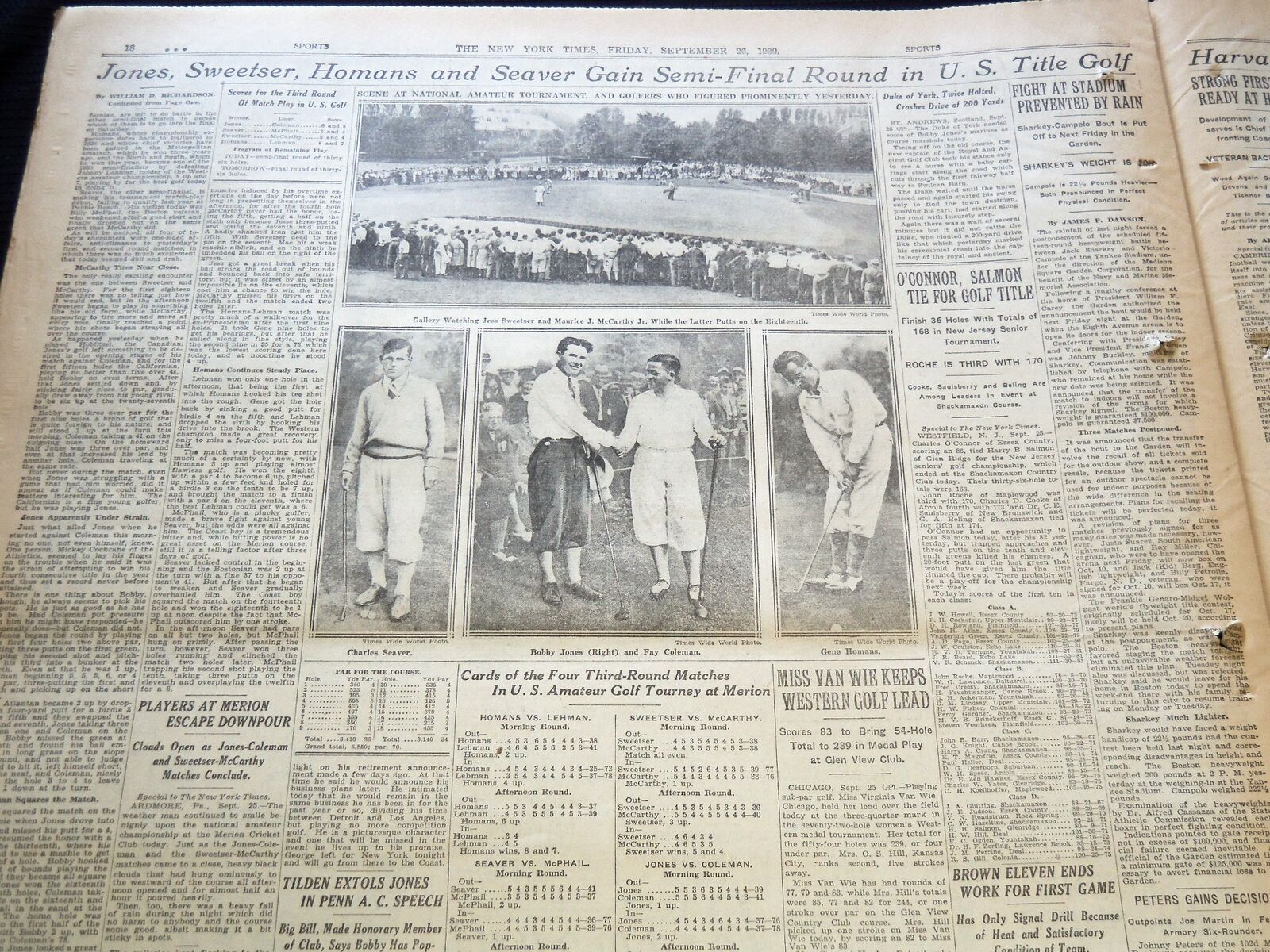1930 SEPTEMBER 26 NEW YORK TIMES NEWSPAPER - JONES WINS GAINS GOLF - NT 9432