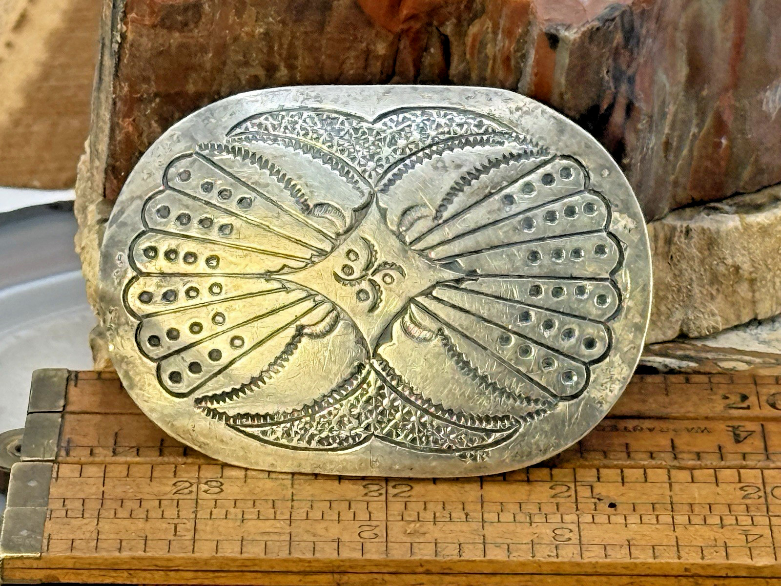 Vintage Native Navajo Stamped Sterling Silver Belt Buckle 2.89" x 2"--2369.26 Vintage Native Navajo Stamped Sterling Silver Belt Buckle 2.89" x 2"--2369.26