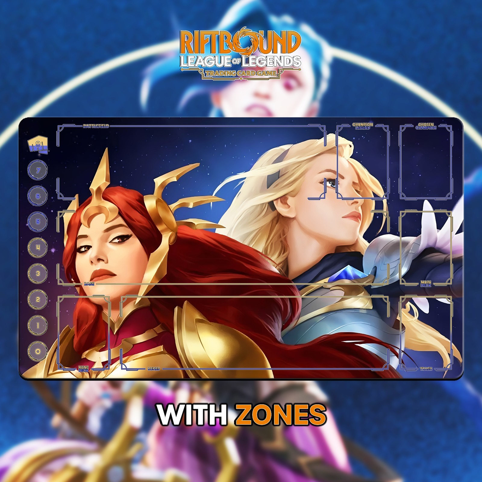 RIFTBOUND LOL TCG Playmat 24x14" (60*35cm) | LUX and LEONA - Stitched EDGES RIFTBOUND LOL TCG Playmat 24x14" (60*35cm) | LUX and LEONA - Stitched EDGES