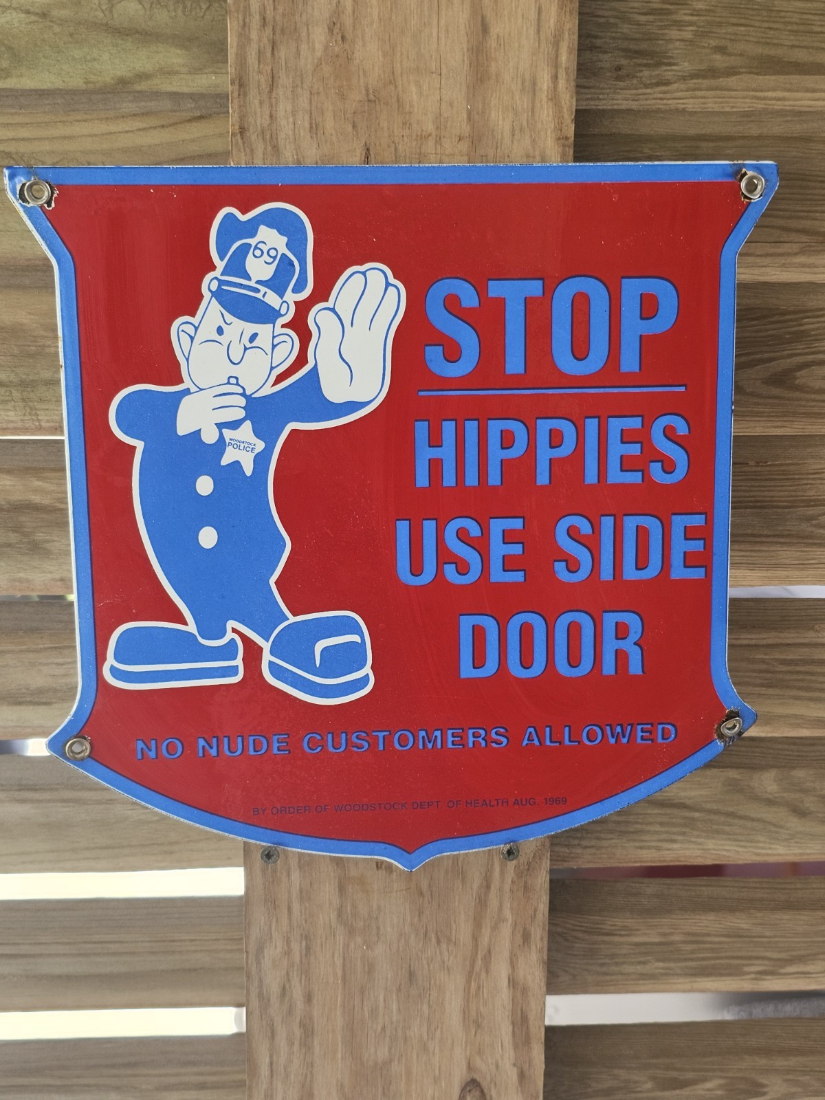 Vintage 1969 WOODSTOCK HIPPIES USE SIDEDOOR Porcelain Sign RARE Vintage 1969 WOODSTOCK HIPPIES USE SIDEDOOR Porcelain Sign RARE