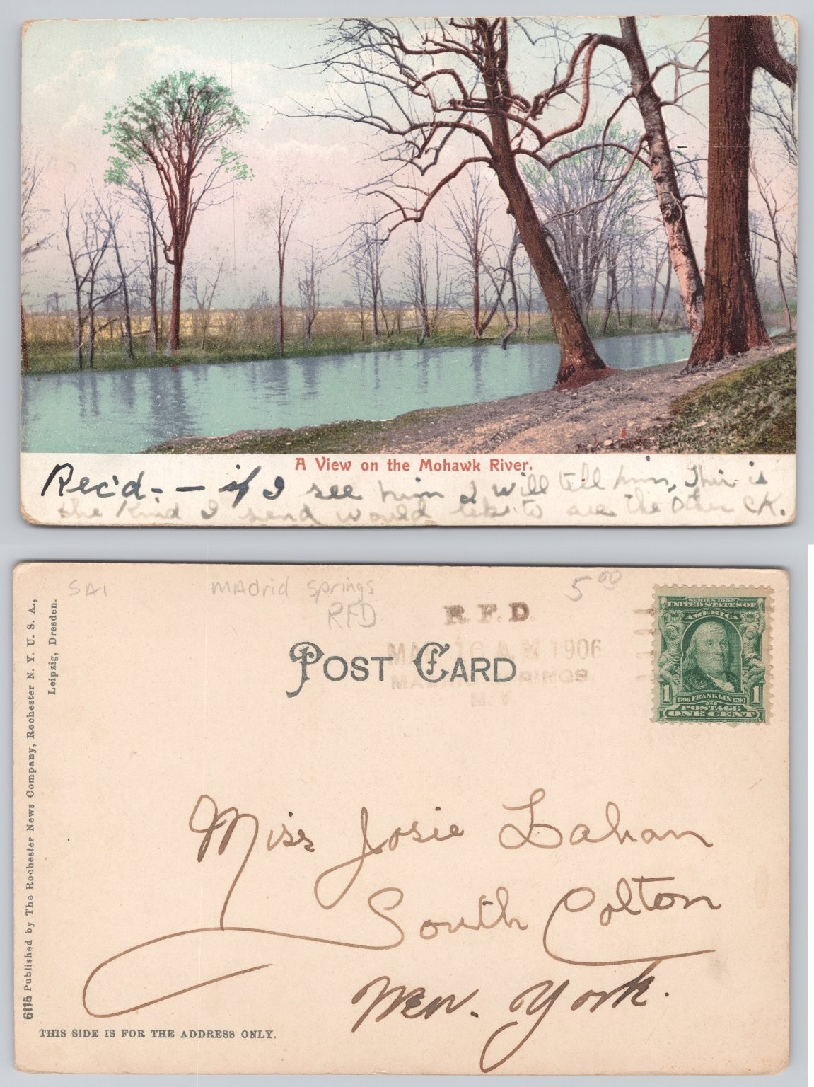 Mohawk River New York 1906 Postcard Madrid Springs South Colton NY Postmarked Mohawk River New York 1906 Postcard Madrid Springs South Colton NY Postmarked