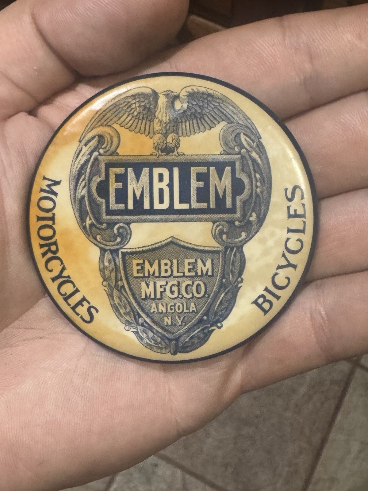 Vintage Antique Emblem Motorcycle Pin Pocket Mirror Celluloid Rare Folkart Early