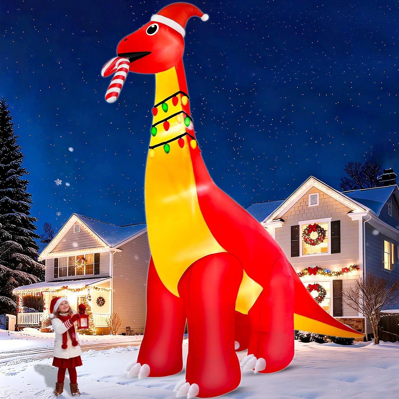 16Ft Ht x 18FT Long Super Giant Christmas Inflatable Dinosaur with Candy Cane Bl 16Ft Ht x 18FT Long Super Giant Christmas Inflatable Dinosaur with Candy Cane Bl