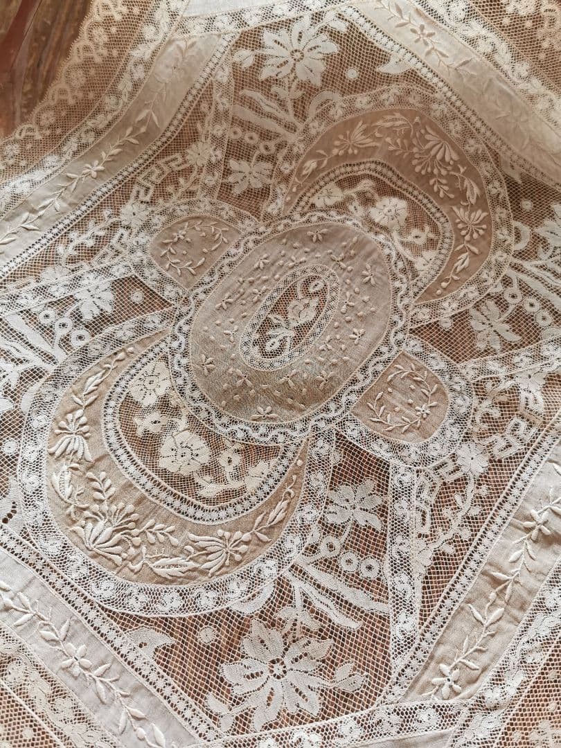 Antique Normandy Lace Runner Doily Sepia Tone Embroidered 1800s France 2604TK Antique Normandy Lace Runner Doily Sepia Tone Embroidered 1800s France 2604TK