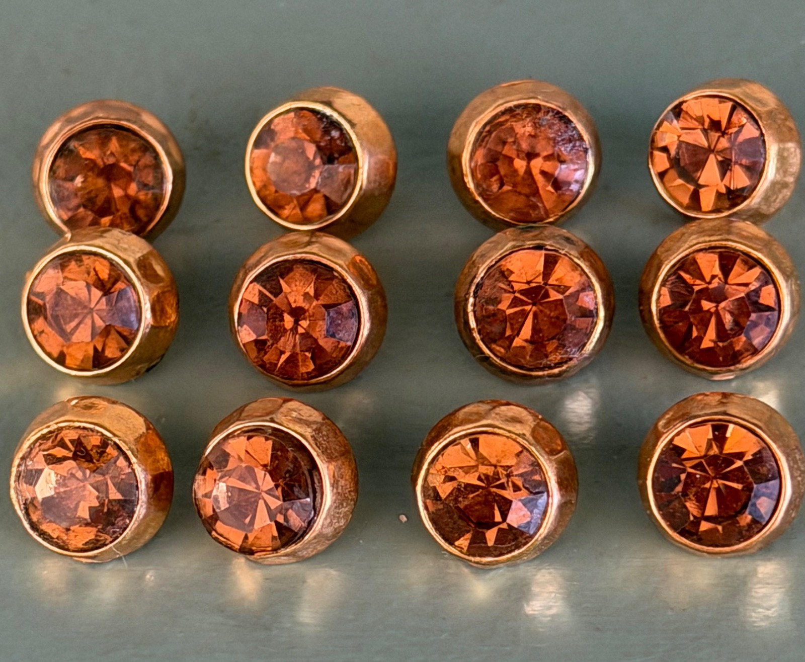 Stunning Matching Set (12) 1940s Faceted Topaz Glass GoldTone Shank Buttons 5/8"