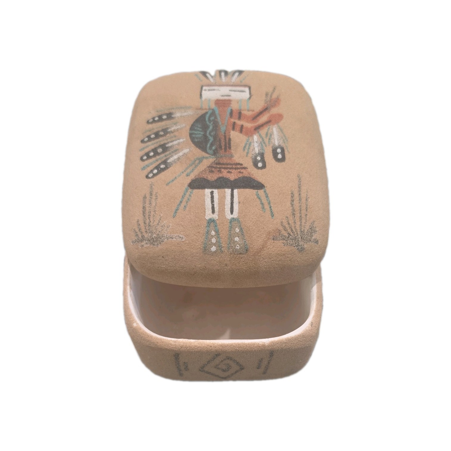 Native American Navajo Sand Painting Ceramic Pottery Jewelry Trinket Box 