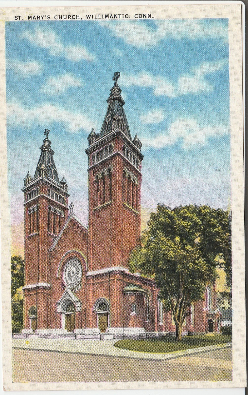 Willimantic CT postcard - St. Mary's Catholic Church - 1940s linen unused