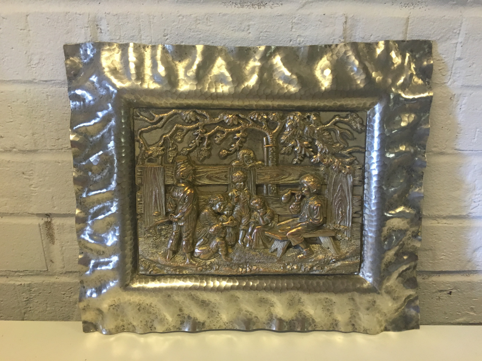 Vtg Antique Likely European Metal Plaque w Children & Woman Dec. Hammered Frame Vtg Antique Likely European Metal Plaque w Children & Woman Dec. Hammered Frame