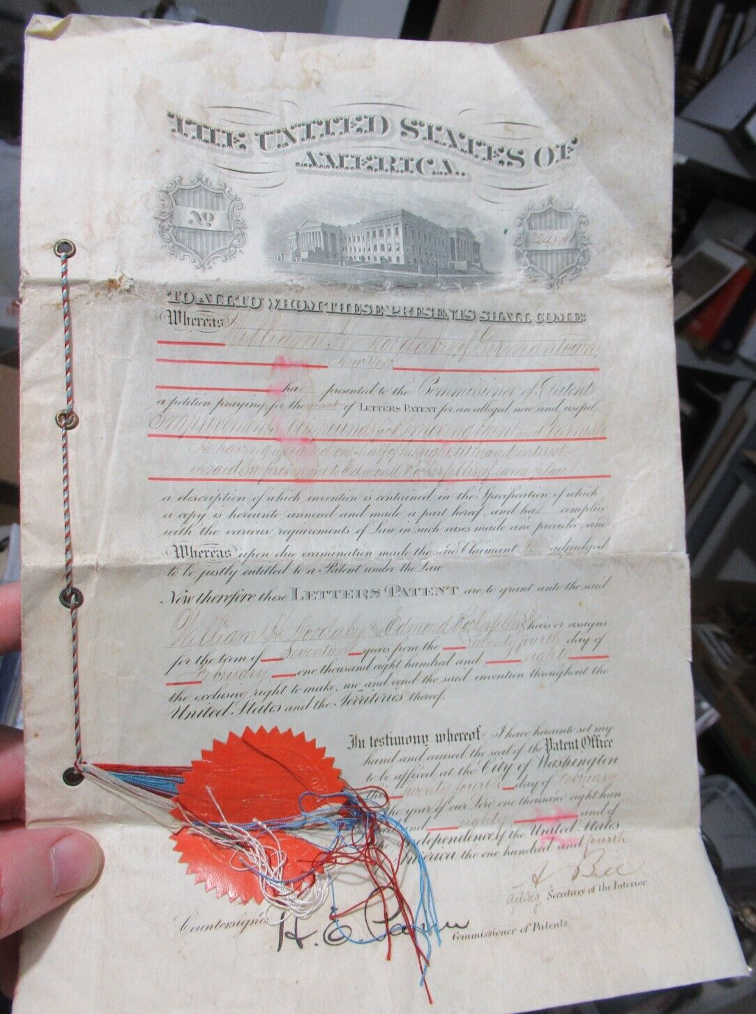 1880 Original US Patent Certificate, 224841, William Nordaby, Edmond Rockefeller
