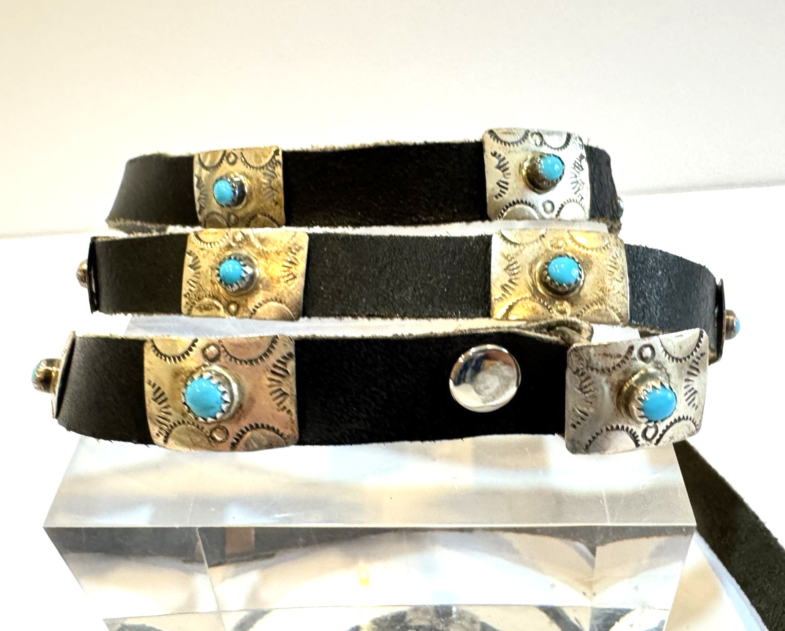 Vintage Navajo Concho Belt Sterling Silver Natural Turquoise Signed VW 45"