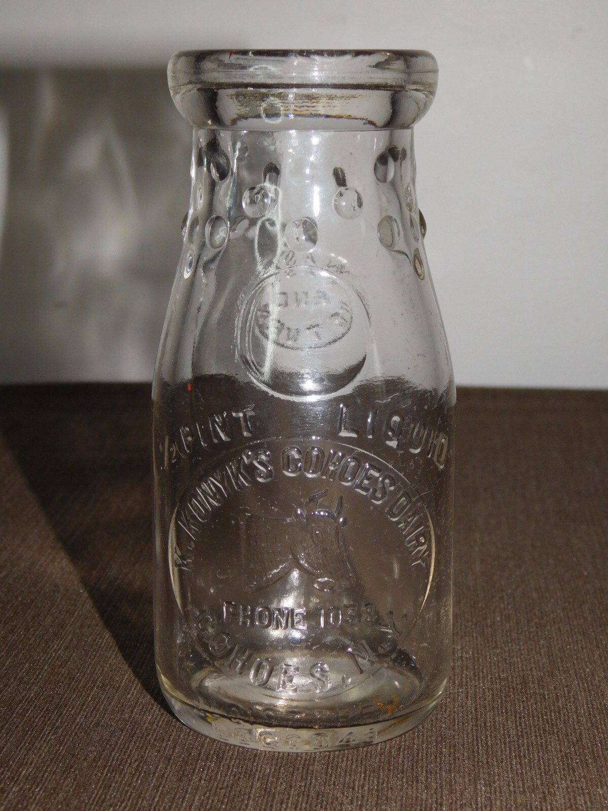 VINTAGE 1/2 HALF PINT GLASS MILK BOTTLE K KONYK'S COHOES DAIRY NY