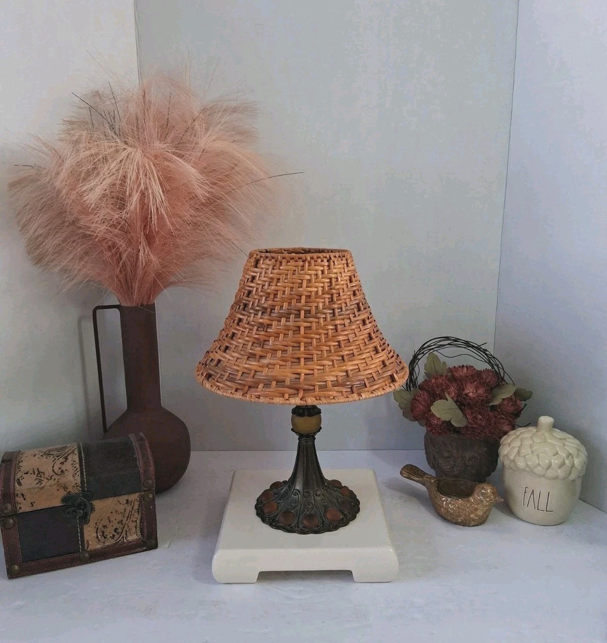 Partylite Candle Lamp Bronze Base w/New Rattan Shade;Frosted Amber Stone Accents