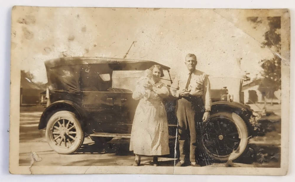1920's Vintage Photograph, Man Woman Holding Baby W/ Antique Car, 4.25x3