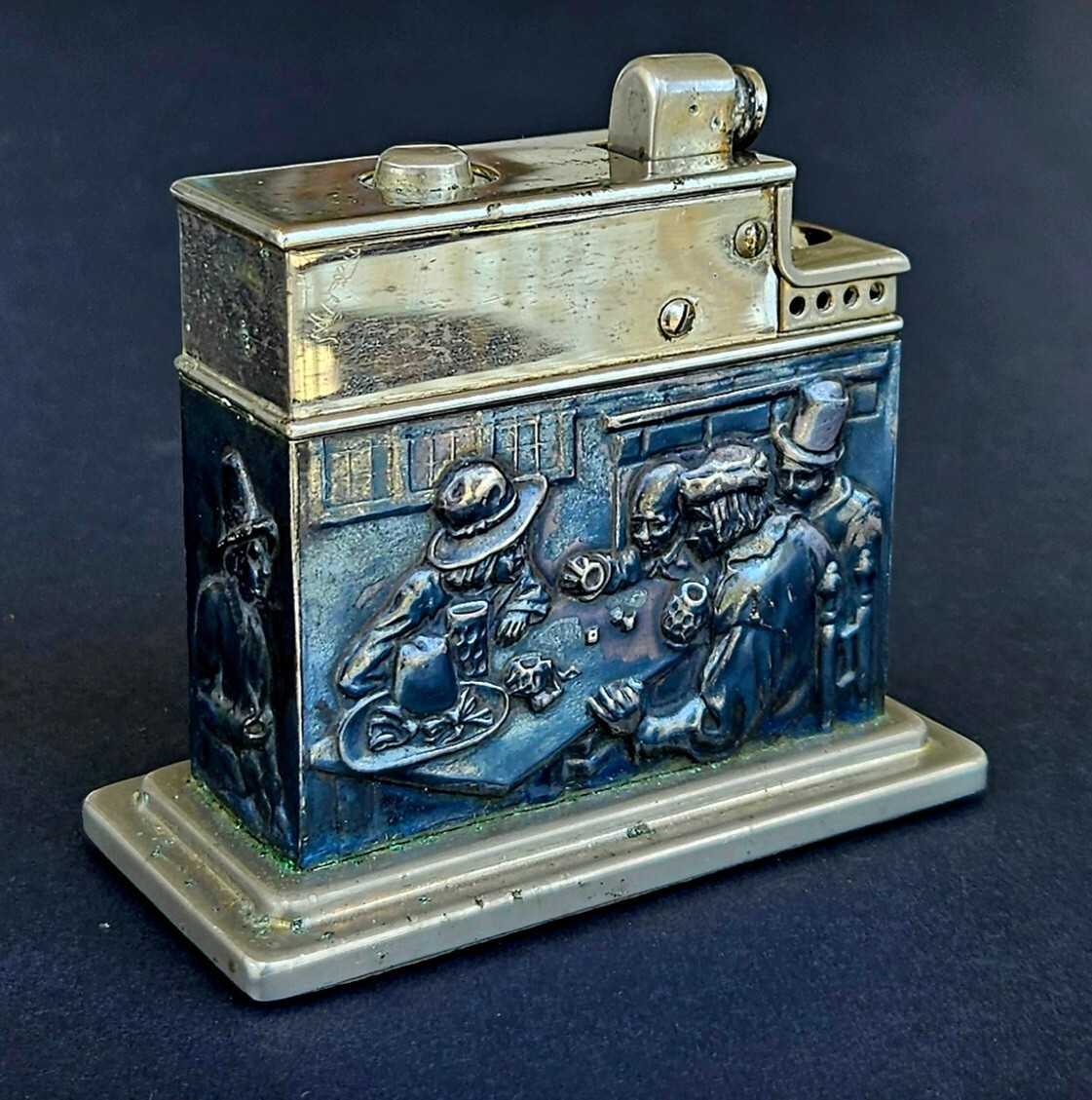 Vintage Mylflam 835 Sterling Silver Figural Table Lighter Tavern Scene Relief Vintage Mylflam 835 Sterling Silver Figural Table Lighter Tavern Scene Relief