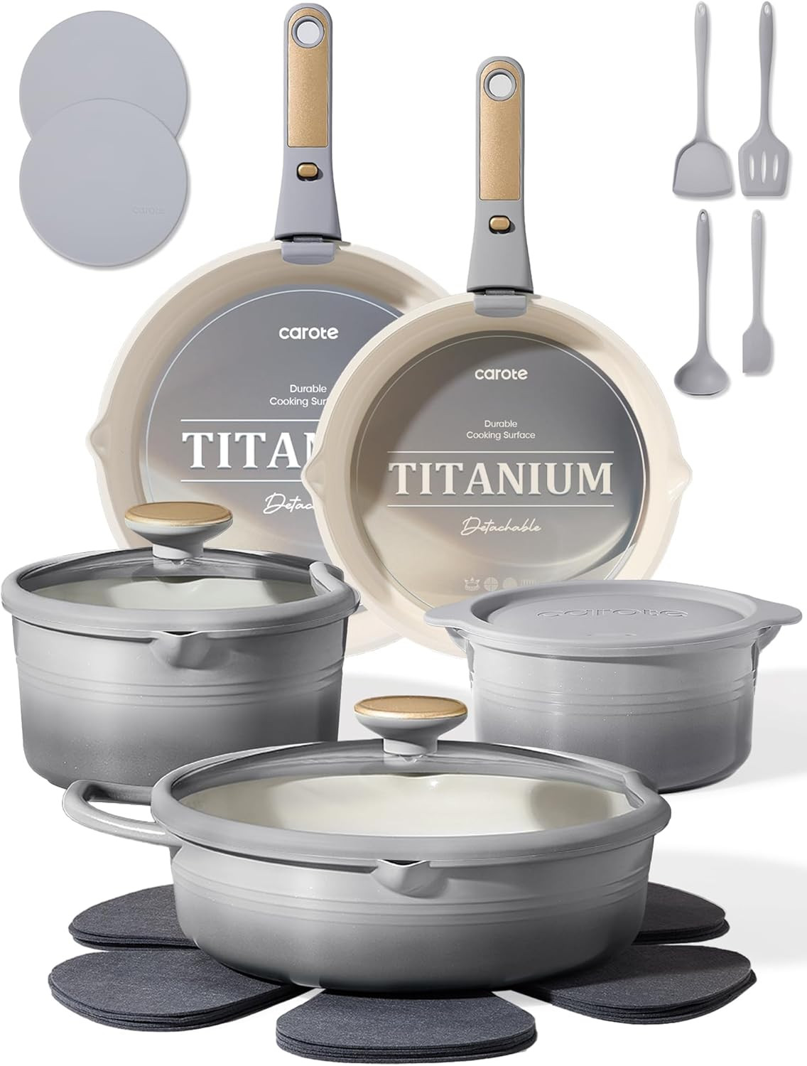 20Pcs Titanium Cookware Set, Pots and Pans Set Detachable Handle | Non-Stick, No