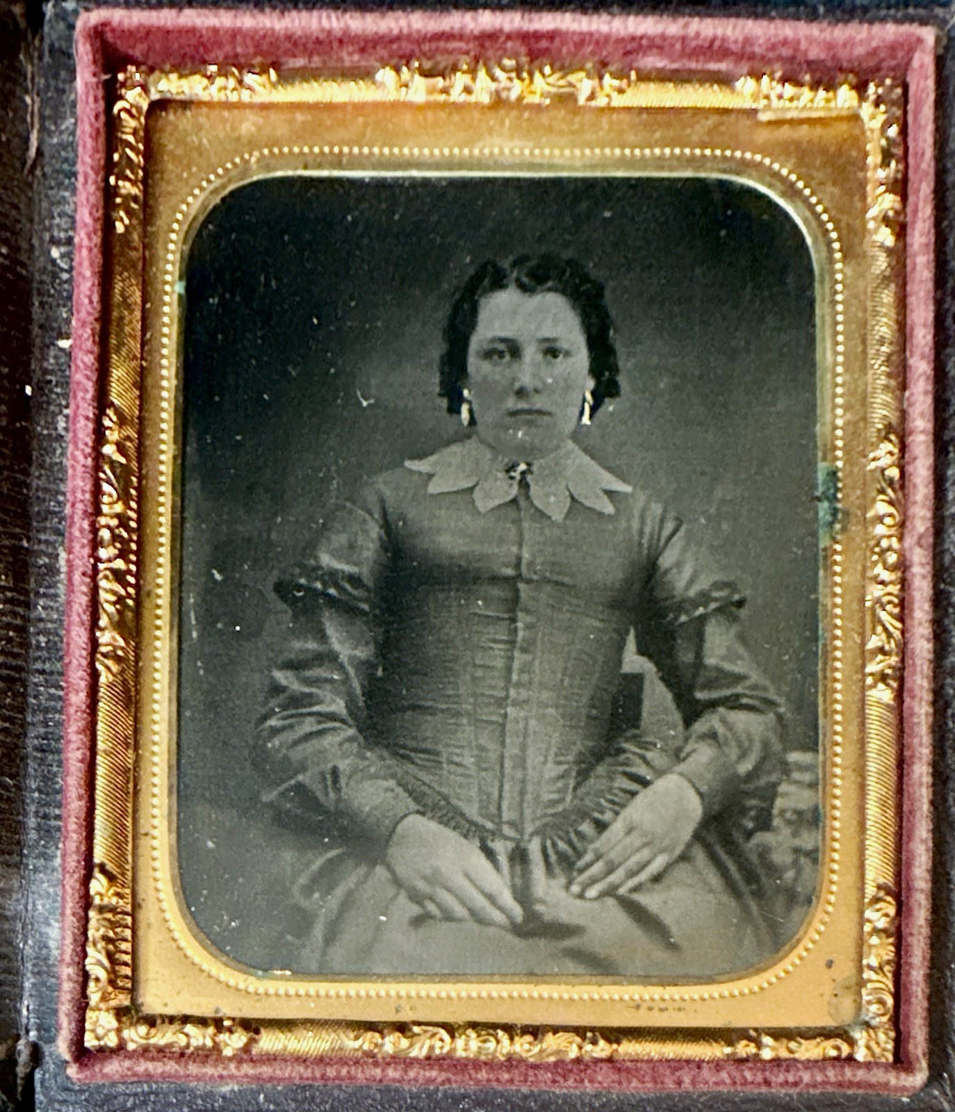 Antique Leather Embossed Tintype Photograph Studio Portrait of Woman from c1860