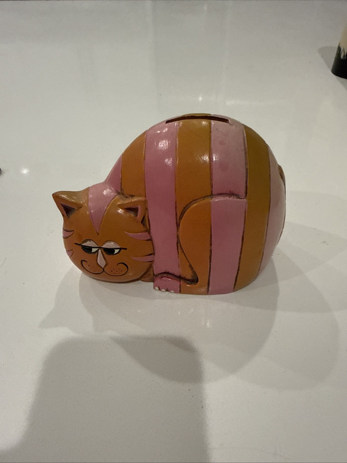VTG Pride Creations Pink Orange Striped Cheshire Cat Bank Papier Mache Japan VTG Pride Creations Pink Orange Striped Cheshire Cat Bank Papier Mache Japan