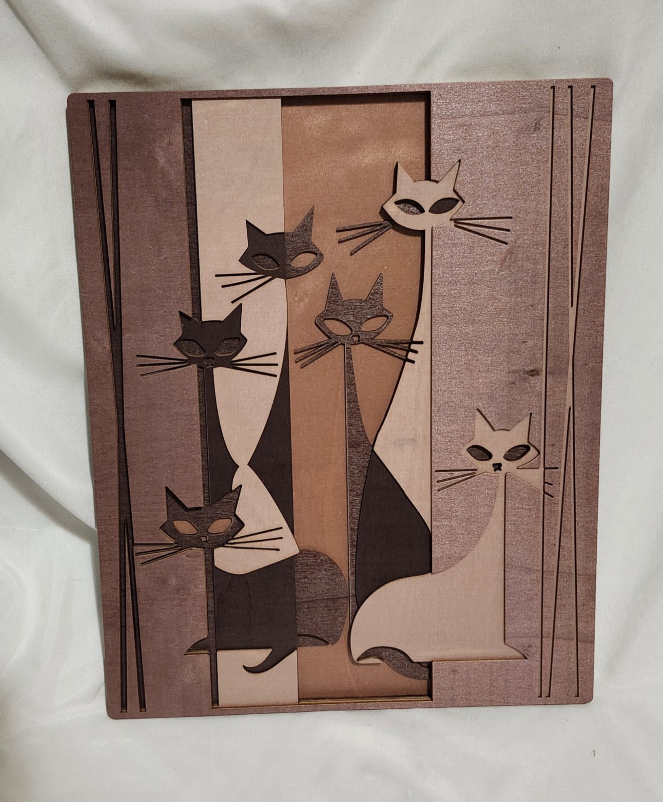 Layered Wood Atomic Cat MCM Mid Century Modern Wall Art Home Decor 13 x 10 1/2"