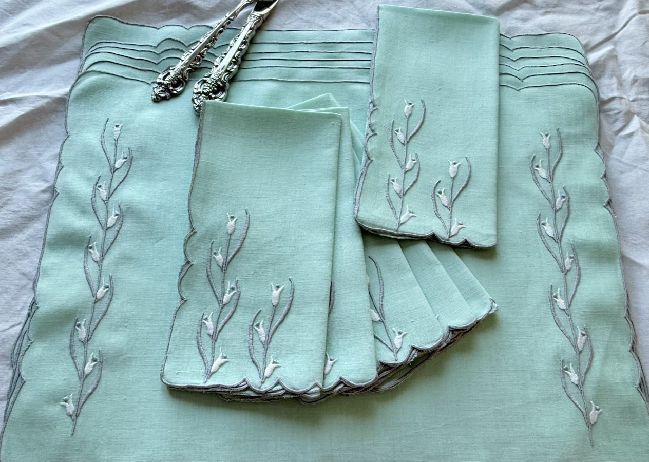 Vintage Madeira Linen Hand Embroidered Placemats Mint Green Set for 6 ( 12 pc )
