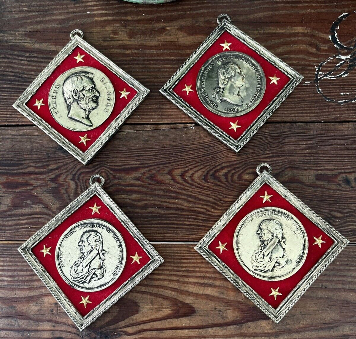 Vintage US President Plaques Medal Brass George Washington, Lincoln, Madison 