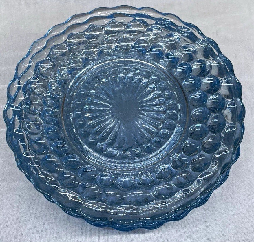 1940s Anchor Hocking Bubble Blue Glass 6.5 in Round Bread & Butter Plates