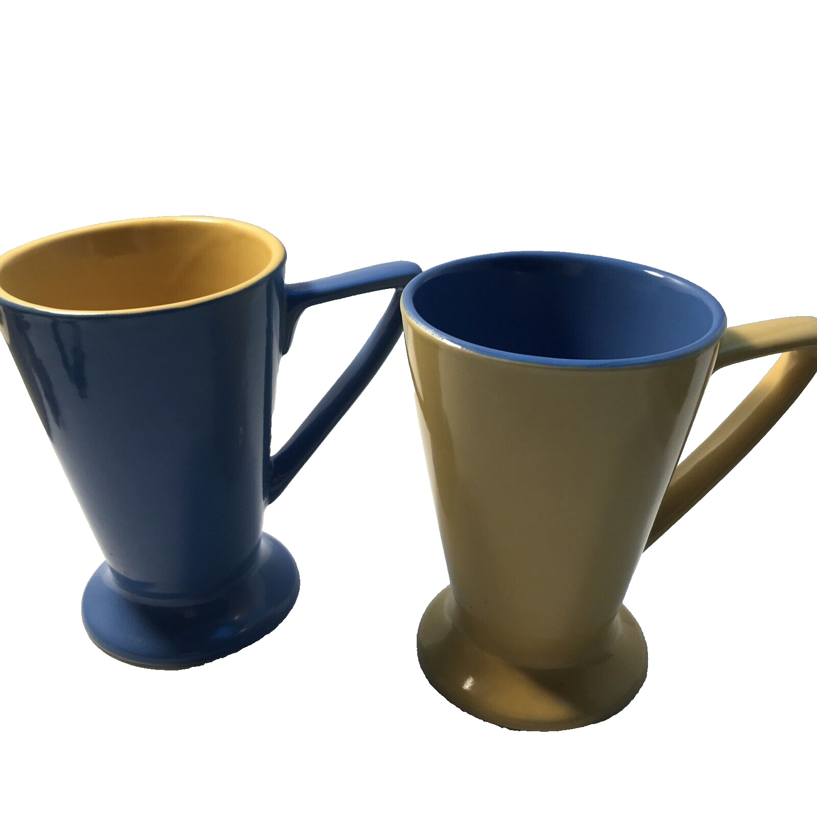 Mid Century Modern Unique 2 Mugs  Coffee Cup Blue Yellow Angular Handle MCM
