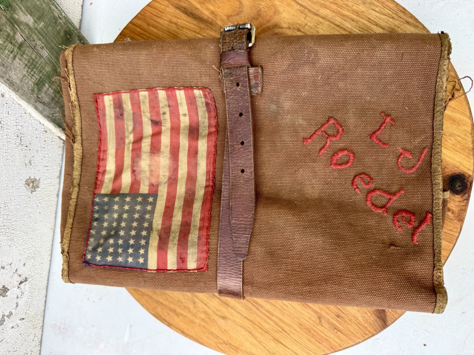 Vintage US Military Canvas & Leather Field Roll Up Bag US 48 Star Flag Patch WWI Vintage US Military Canvas & Leather Field Roll Up Bag US 48 Star Flag Patch WWI