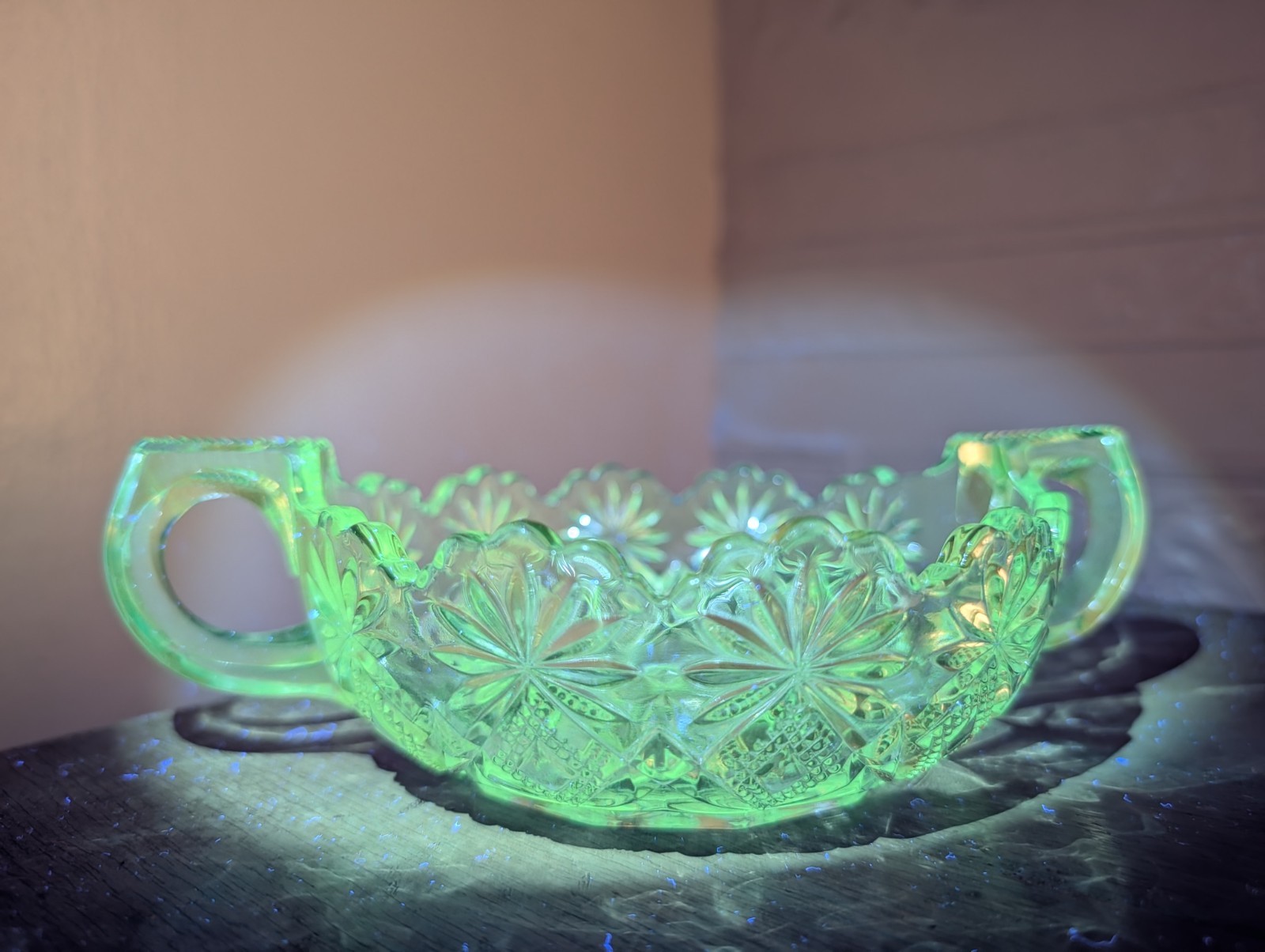 Vaseline Uranium Glass EAPG Hobstar Diamond Handled Bowl Scalloped Antique 6 In Vaseline Uranium Glass EAPG Hobstar Diamond Handled Bowl Scalloped Antique 6 In