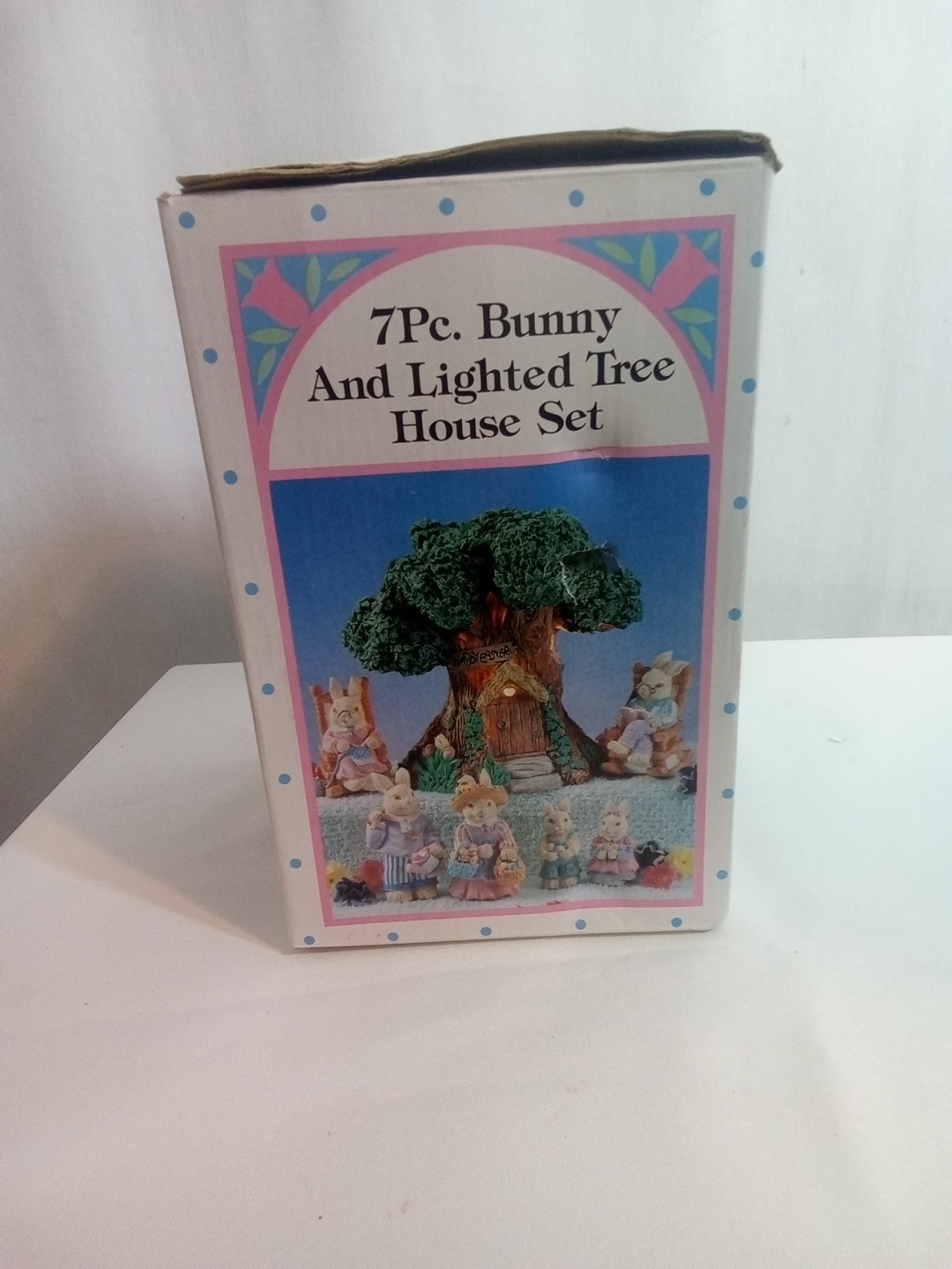 Vintage 7 Piece Bunny And Lighted Tree House Set With Original Box Vintage 7 Piece Bunny And Lighted Tree House Set With Original Box