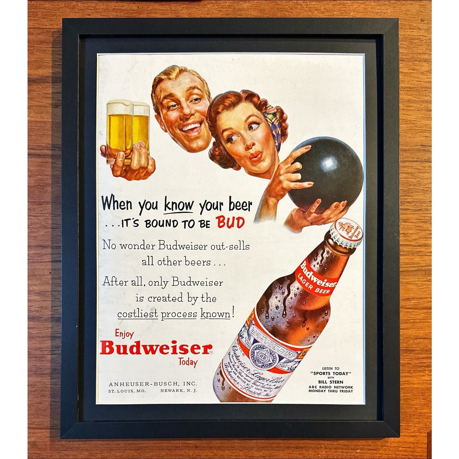 Framed Original Print Ad 1954 Budweiser Beer Vintage Bowling Night Framed Original Print Ad 1954 Budweiser Beer Vintage Bowling Night