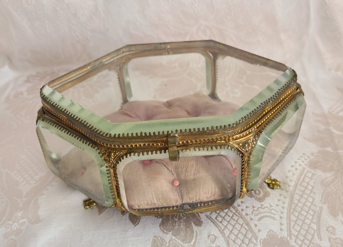 Vtg Antique Victorian French BEVELED GLASS ORMOLU Jewelry Box CASKET, 7.5" x4.5"
