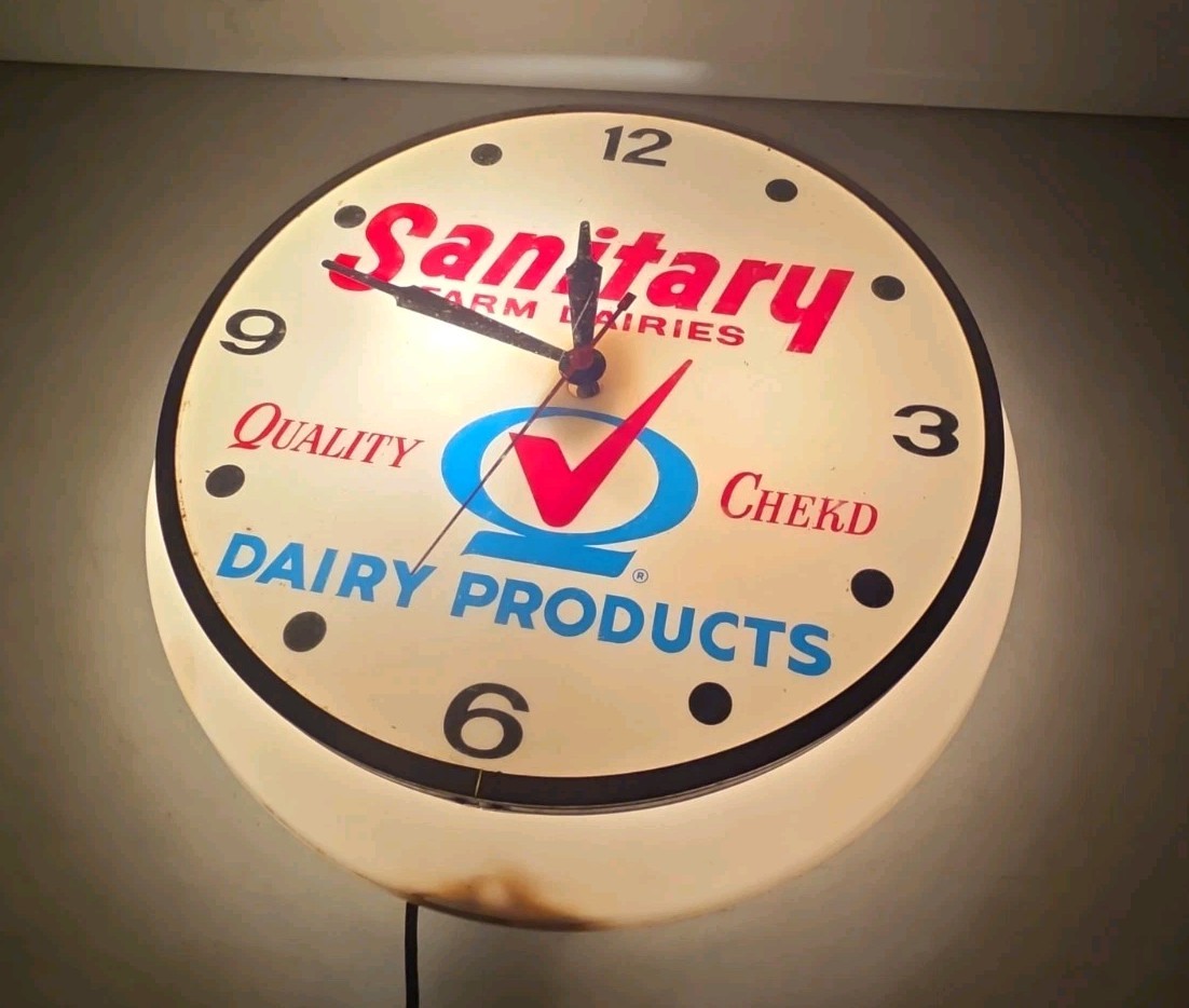 Vintage Sanitary Farm Dairies Dairy Products Advertising Lighted Clock Vintage Sanitary Farm Dairies Dairy Products Advertising Lighted Clock