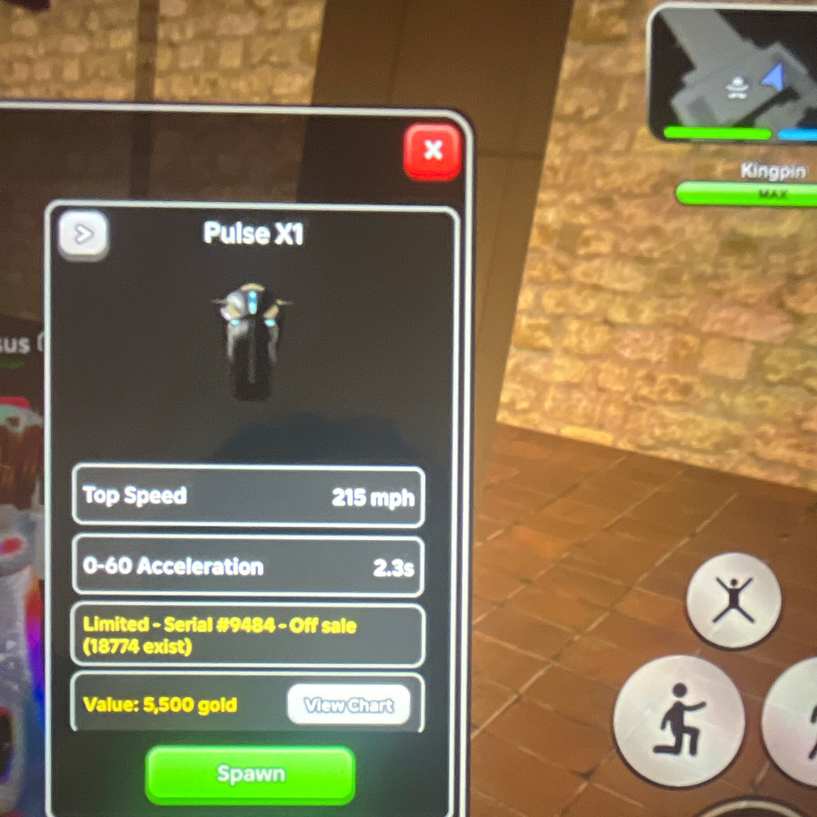 Pulse X1 San Diego Role play Roblox  215 mph Limited Serial #9484