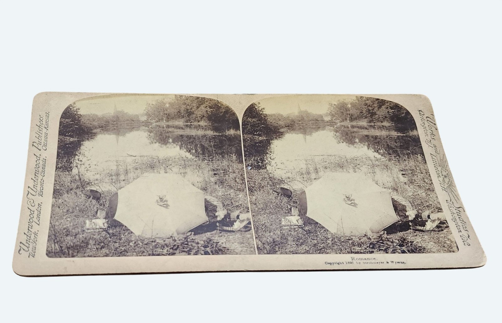 Antique 1897 Underwood Stereoview Romance Umbrella Lakeside Outdoor Scene Antique 1897 Underwood Stereoview Romance Umbrella Lakeside Outdoor Scene