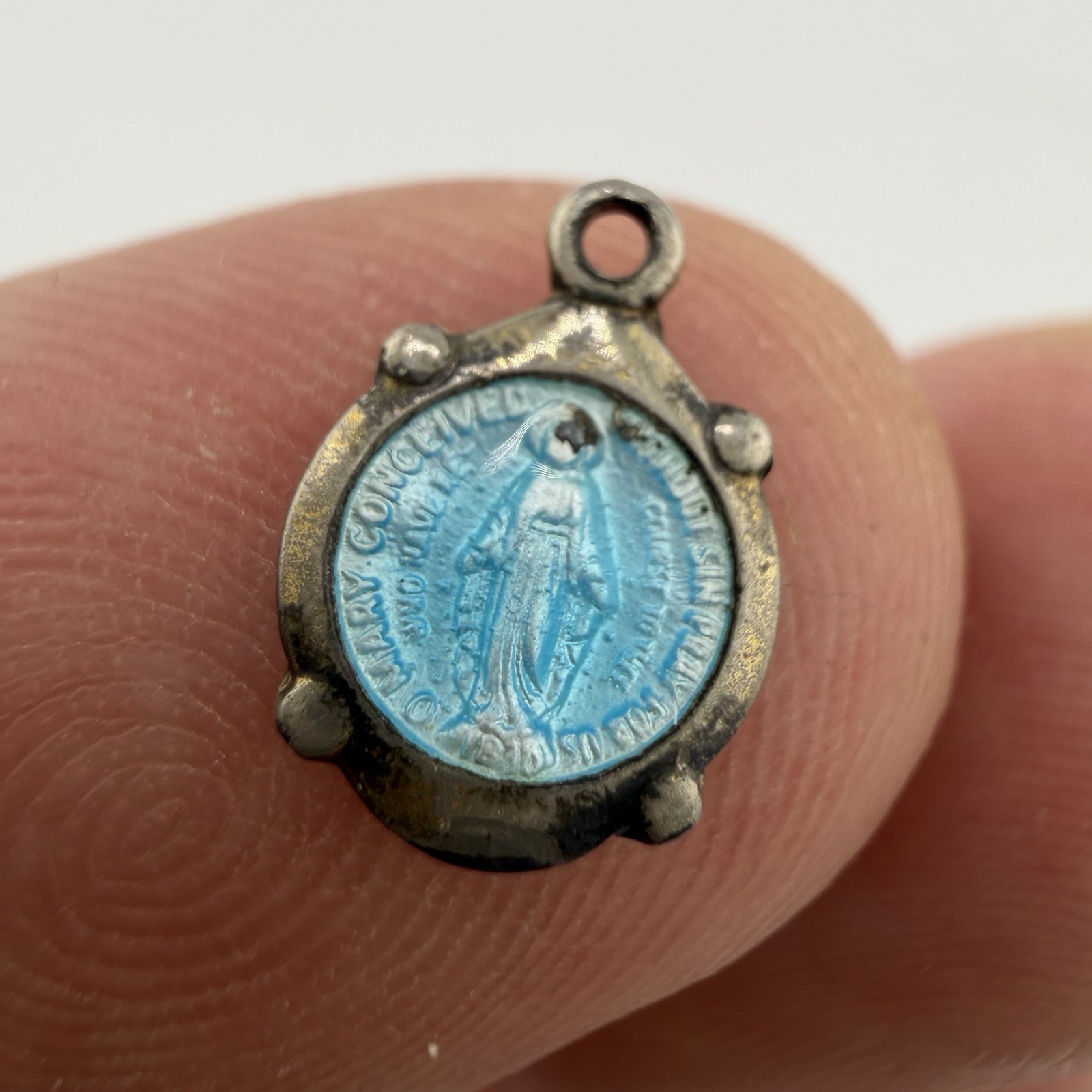 Beautiful TINY Vintage Sterling Silver .925 & Enamel Miraculous Mary Medal