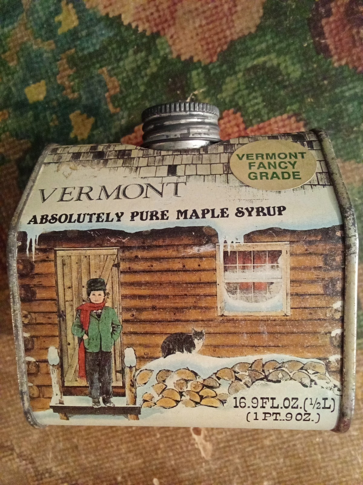 Vintage 1984 Absolutely Pure Maple Syrup Log Cabin Salem Indiana