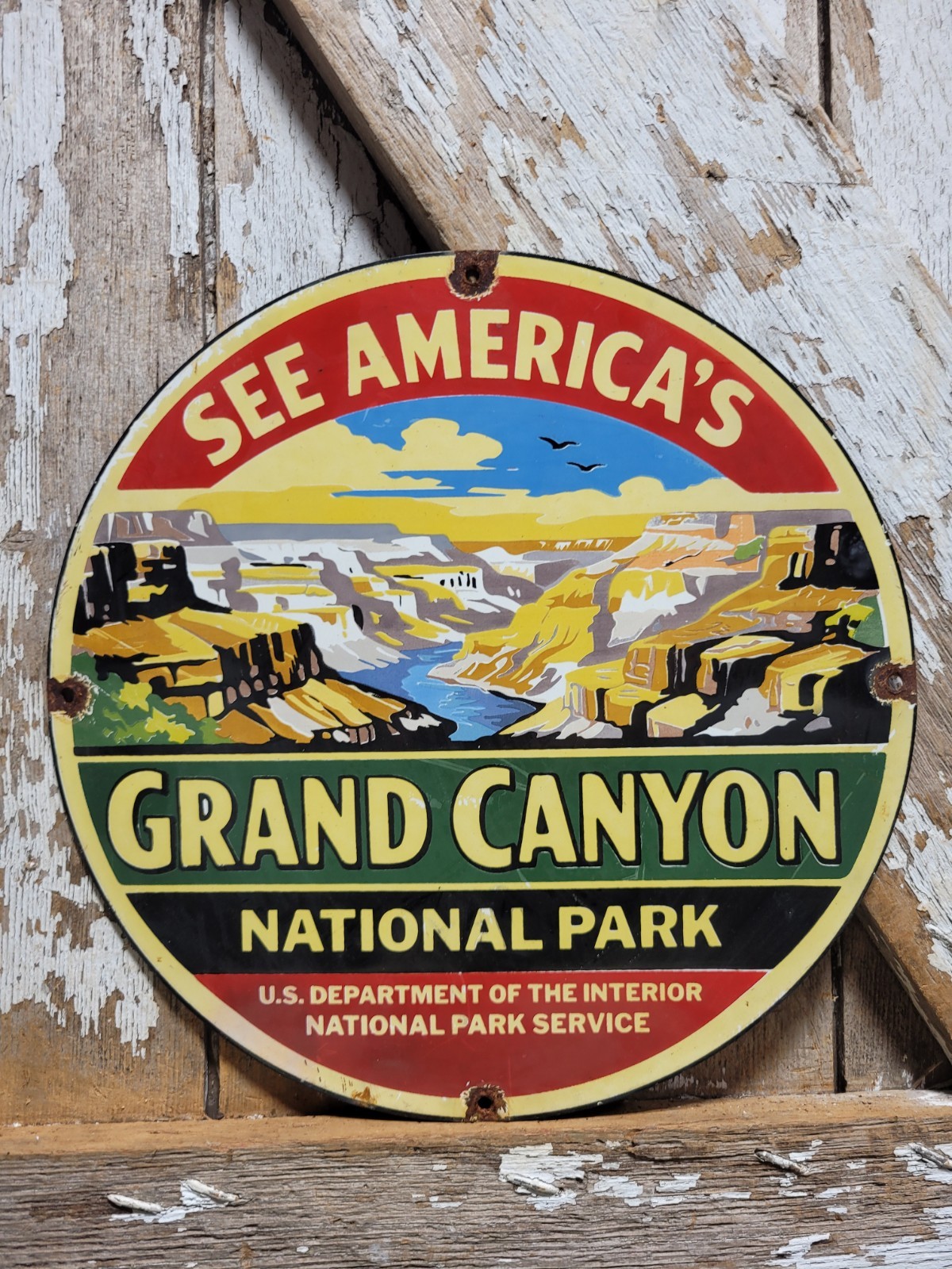 VINTAGE GRAND CANYON PORCELAIN SIGN RARE OLD NATIONAL PARK SMOKEY BEAR FOREST 