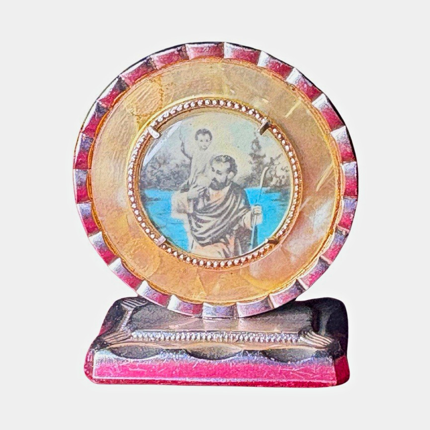 Vintage Italian St Christopher Dashboard Auto Shrine Plaque Pocket Shrine Italy Vintage Italian St Christopher Dashboard Auto Shrine Plaque Pocket Shrine Italy