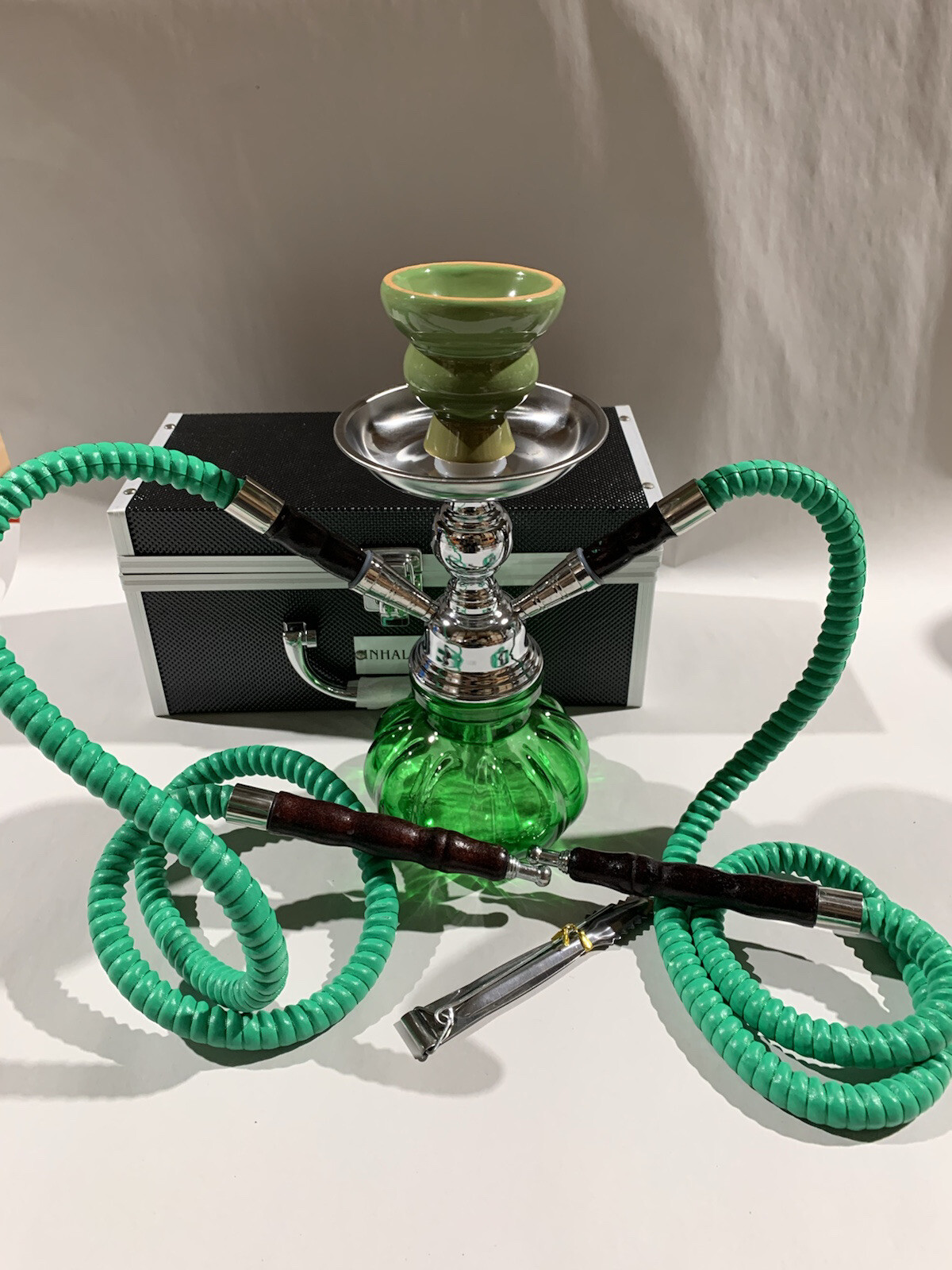 INHALE®️10 INCH 2 HOSE AVALANCHE  SMALL PUMPKIN HOOKAH IN A HARD SUITCASE(GREEN)