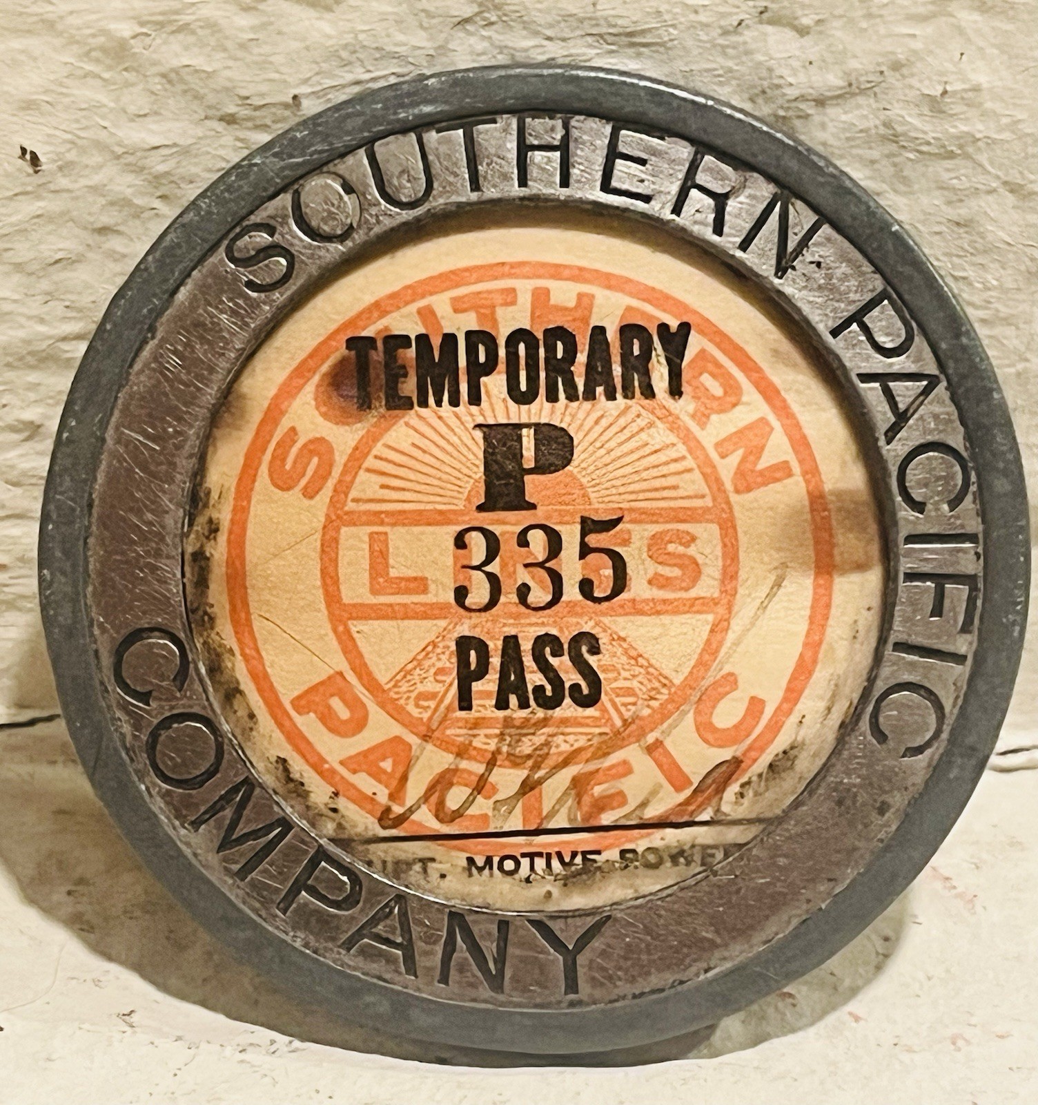 1930s-40s Southern Pacific Co. Railroad Temp. Pass PIN Patrick & M.K. Co Frame 1930s-40s Southern Pacific Co. Railroad Temp. Pass PIN Patrick & M.K. Co Frame