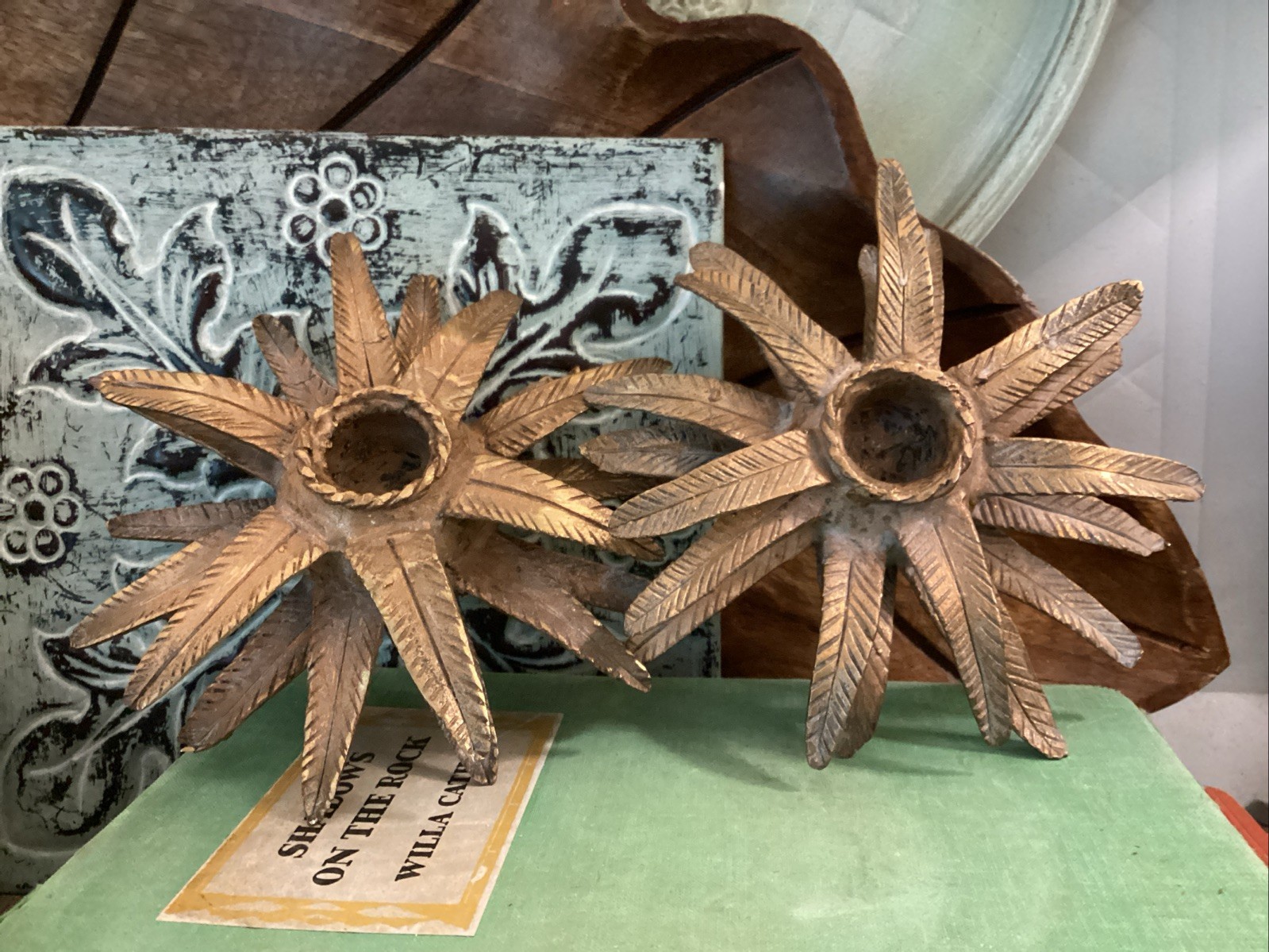 Vintage Style MCM Art Nouveau Metal Leaves Candlestick Floral Pair Shabby Chippy