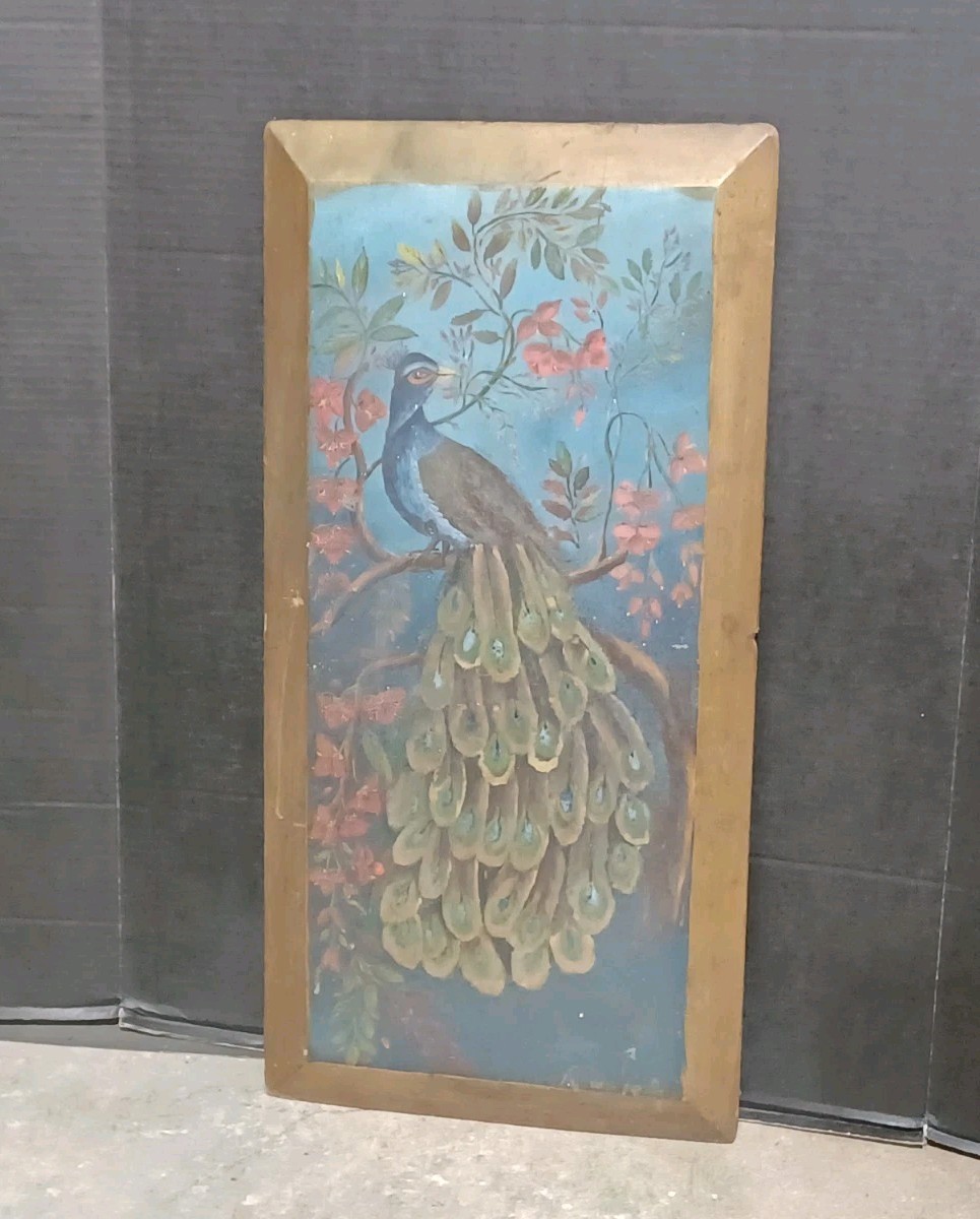 Vintage 1940's Folk Art Peacock Bird In Tree Hand Painted Picture On Wood 