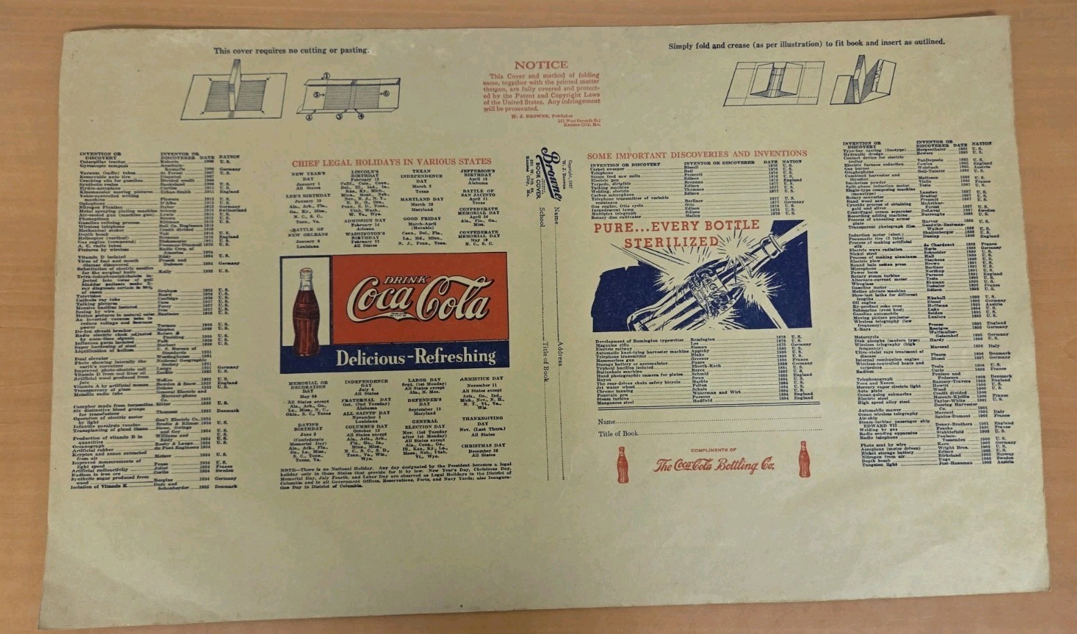 1937 Coca Cola W J Browne School Book Cover Original Vintage Advertising Coke