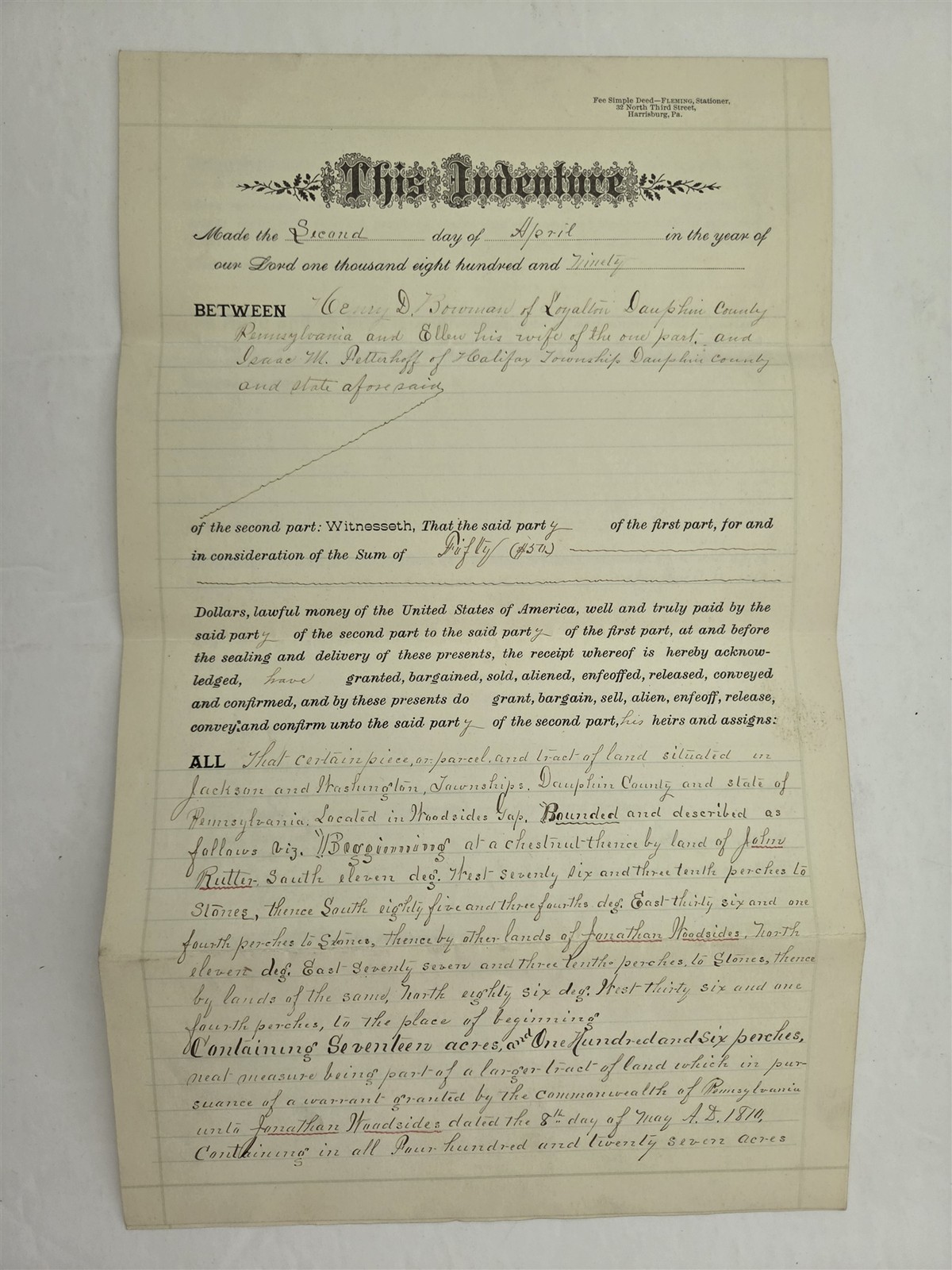 1890 antique LAND DEED jackson washington twp pa HENRY BROWNAW ISAAC PETTERHOFF 1890 antique LAND DEED jackson washington twp pa HENRY BROWNAW ISAAC PETTERHOFF